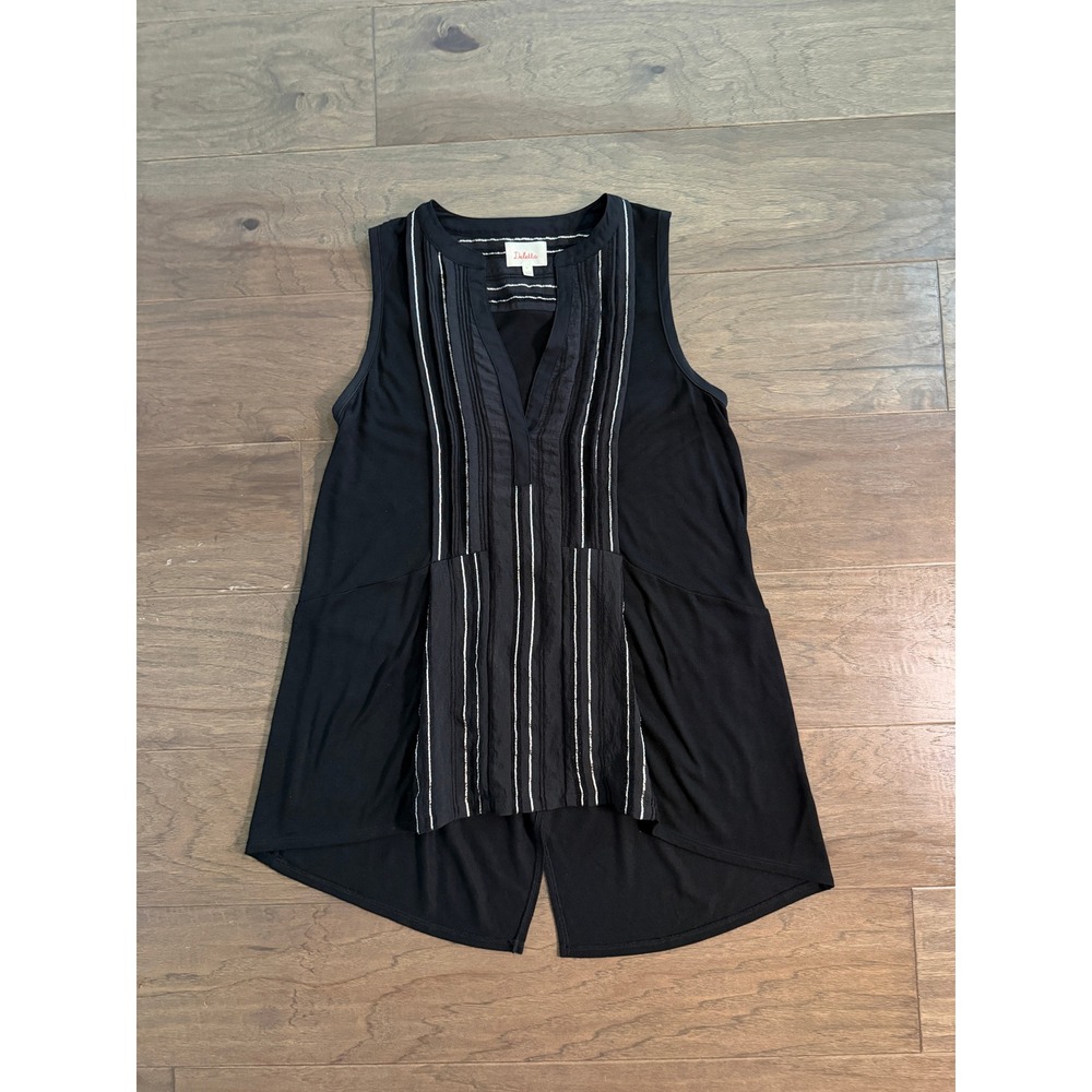 Deletta Anthropologie Black‎ Striped Mixed Media Split Back Tunic Top Small